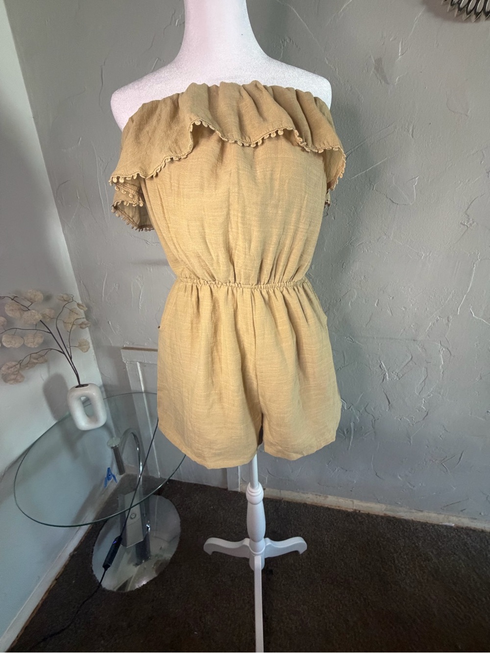 Off-Shoulder Ruffle Romper in Mustard